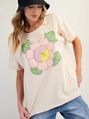 2-0411 EASEL flower Patch Cotton Mineral Washed Soft Top With Pockets Boutique